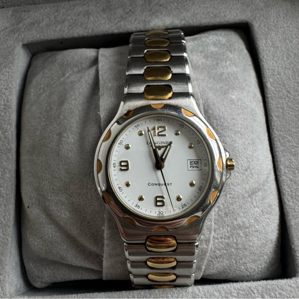 Vintage 1990s Men’s Longines Conquest Silver and Gold Watch